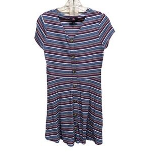 IZ Byer Girl Blue/Multi Striped Dress Junior XL Short Sleeve V Neck Faux Buttons